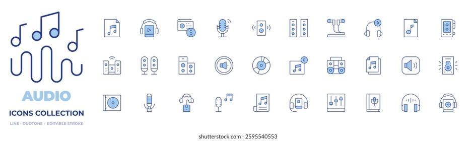 Audio icons collection. Line Duotone style, editable stroke. sound mixer, boombox, speaker, earphones, radio, microphone, music, song, vinyl record, cd, book.