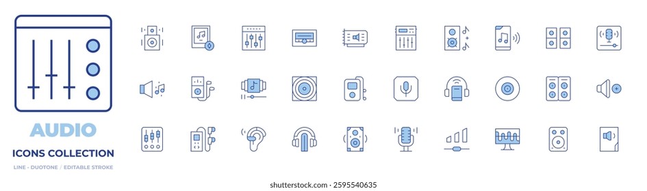 Audio icons collection. Line Duotone style, editable stroke. speaker, equalizer, podcast, music, speakers, sound card, volume, dj mixer, hearing aid, playlist.