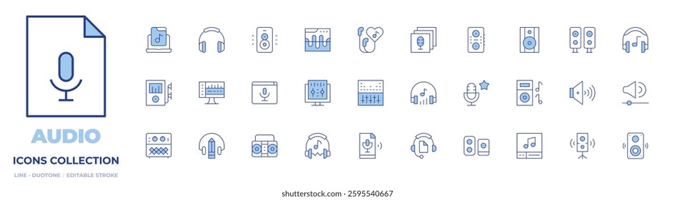Audio icons collection. Line Duotone style, editable stroke. speaker, radio, podcast, earphones, favorite, amplifier, mp player, sound, music, speakers, audio.