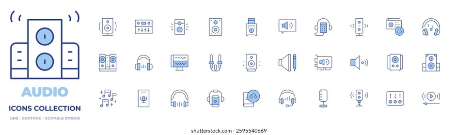 Audio icons collection. Line Duotone style, editable stroke. subwoofer, speaker, radio, controller, music, audiobook, woofers, headset, audio, audio jack, video.