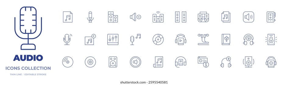 Audio icons collection. Thin Line icons, editable stroke. boombox, earphones, radio, music, vinyl record, home cinema, book, audio, audio system, speaker.