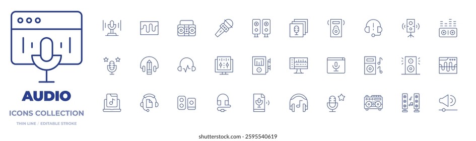 Audio icons collection. Thin Line icons, editable stroke. radio, podcast, headphones, speaker, favorite, mp player, subwoofer, sound, music speaker, music.