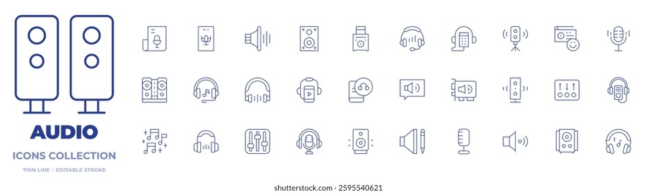 Audio icons collection. Thin Line icons, editable stroke. subwoofer, speaker, radio, sound, controller, music, audiobook, headset, audio, audio guide, podcast.