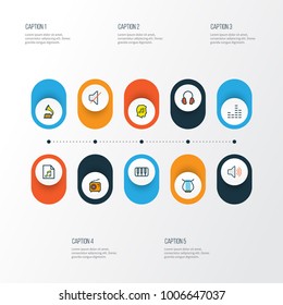 Audio icons colored line set with set, keys, volume and other mixer elements. Isolated vector illustration audio icons.