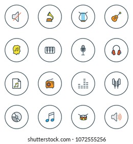 Audio icons colored line set with vinyl, equalizer, fanatic and other sound elements. Isolated vector illustration audio icons.