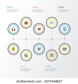 Audio icons colored line set with music level, fanatic, radio and other set elements. Isolated vector illustration audio icons.