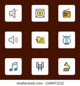Audio icons colored line set with speaker, radio, off and other mute elements. Isolated vector illustration audio icons.