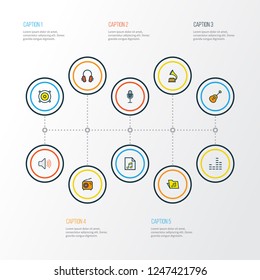 Audio icons colored line set with soundtrack, guitar, phonograph and other list elements. Isolated vector illustration audio icons.