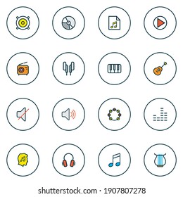 Audio icons colored line set with start, speaker, headphone and other keys elements. Isolated vector illustration audio icons.