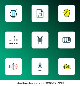 Audio icons colored line set with music level, folder, equalizer and other keys elements. Isolated vector illustration audio icons.