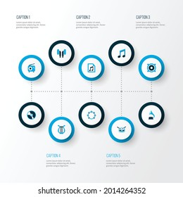 Audio icons colored set with lyre, tuner, timbrel and other radio elements. Isolated vector illustration audio icons.