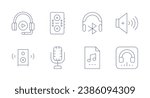 Audio icons. Editable stroke. Containing speaker, microphone, volume up, listen, audio, audio file, audio headset.