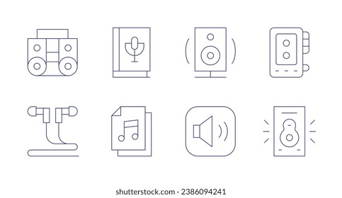 Audio icons. Editable stroke. Containing boombox, earphones, book, audio, audio recorder, speaker, volume up.