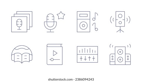 Audio icons. Editable stroke. Containing favorite, music, speaker, speakers, audio, audio control, library, audio book.