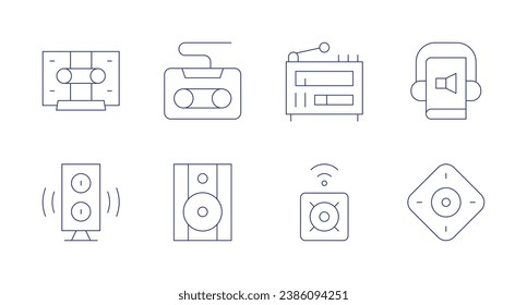 Iconos de audio. Trazo editable. Con cinta de cassette, altavoz, antena de radio, casette, audio, audiolibro de audio.
