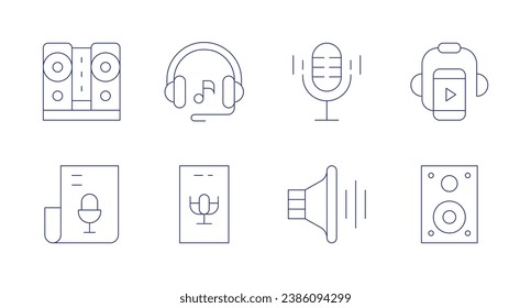 Iconos de audio. Trazo editable. Consta de subwoofer, sonido, música, audio, guía de audio, altavoz.