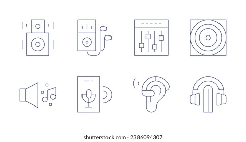 Iconos de audio. Trazo editable. Consta de altavoz, música, ecualizador, audífono, reproductor de mp, audio, sistema de audio, escucha.