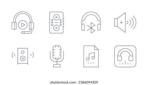 Audio icons. Editable stroke. Containing speaker, microphone, volume up, listen, audio, audio file, audio headset.