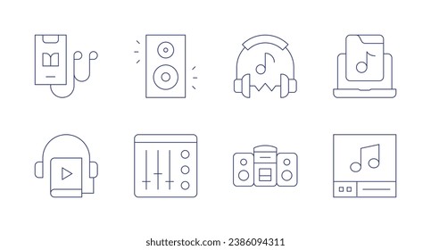 Iconos de audio. Trazo editable. Con altavoz, mezclador, música, auriculares, reproductor de música, audiolibro, sistema de audio.