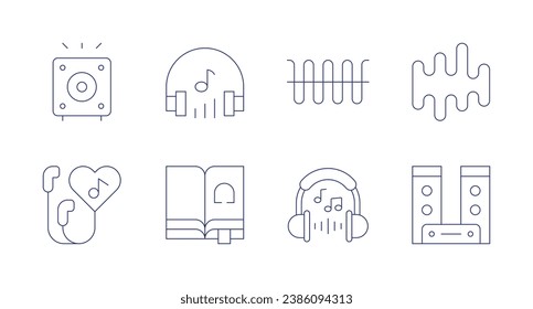 Audio icons. Editable stroke. Containing speaker, earphones, radio waves, headphone, headphones, audio, audio waves, speakers.