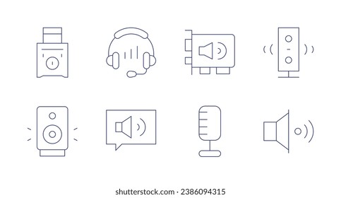 Audio icons. Editable stroke. Containing speaker, headset, audio, sound card.