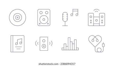 Audio icons. Editable stroke. Containing speaker, home cinema, earphone, audio, audio waves, music and multimedia, music book.