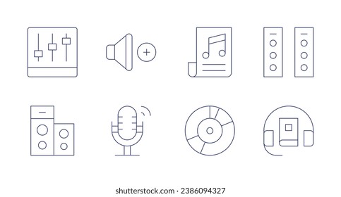 Audio icons. Editable stroke. Containing sound mixer, speaker, microphone, music, vinyl record, volume up, audio system, audio guide.