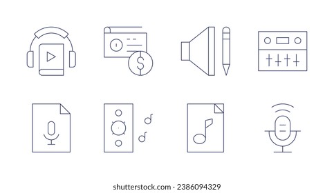 Audio icons. Editable stroke. Containing radio, speaker, audio, audiobook, audio file, sound engineer, podcast.