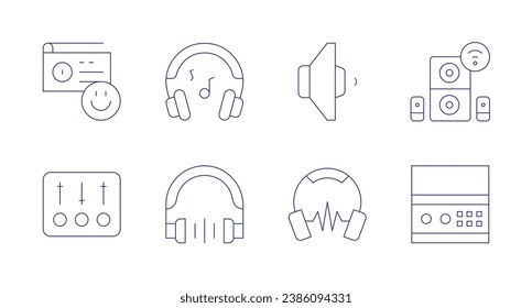 Audio icons. Editable stroke. Containing radio, controller, music, sound system, audio, headphones, volume.