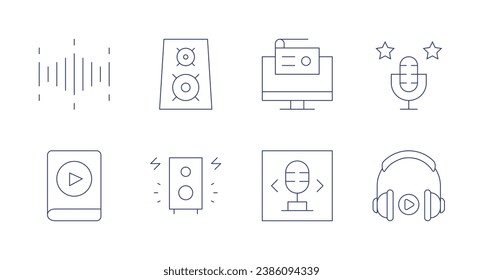 Audio icons. Editable stroke. Containing radio waves, audiobook, radio antenna, speaker, station, podcast, audio.