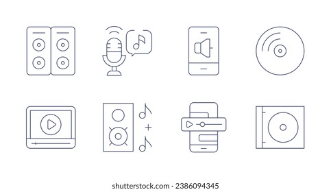 Audio icons. Editable stroke. Containing music, vinyl, cd, audio, audio file, speakers, video.