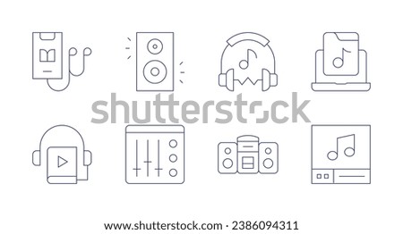 Audio icons. Editable stroke. Containing speaker, mixer, music, headphones, music player, audio book, audio system.