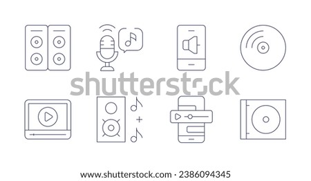 Audio icons. Editable stroke. Containing music, vinyl, cd, audio, audio file, speakers, video.