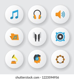 Audio icons flat style set with voice, listen, bullhorn and other audio elements. Isolated vector illustration audio icons.