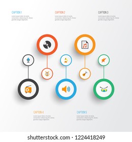 Audio icons flat style set with percussion, mic, gramophone and other dj elements. Isolated vector illustration audio icons.