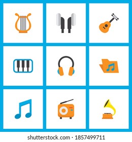 Audio icons flat style set with synthesizer, gramophone, earpiece and other broadcasting elements. Isolated vector illustration audio icons.
