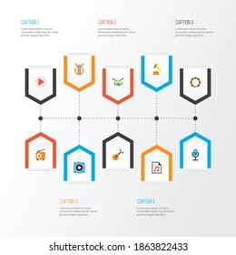 Audio icons flat style set with percussion, play list, guitar and other rhythm elements. Isolated vector illustration audio icons.