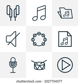 Audio icons line style set with tambourine, drum, mute and other barrel elements. Isolated vector illustration audio icons.