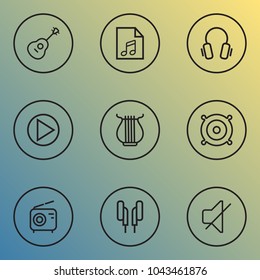 Audio icons line style set with play list, radio, earphones and other stringed elements. Isolated vector illustration audio icons.