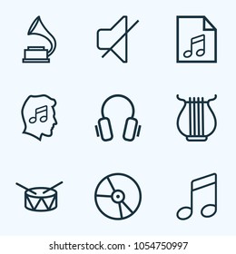 Audio icons line style set with headphone, vinyl, play list and other plastic elements. Isolated vector illustration audio icons.