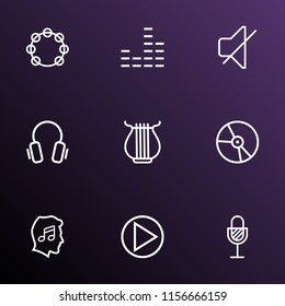 Audio icons line style set with harp, mute, vinyl and other soundless elements. Isolated vector illustration audio icons.