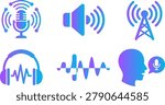 Audio icons, microphone, sound speaker, radio transmission, headphones, sound wave.