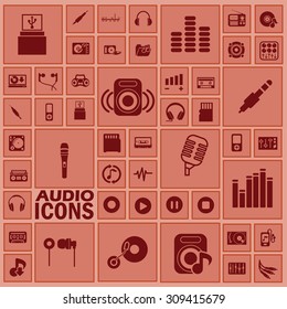Audio icons on red square. vector format
