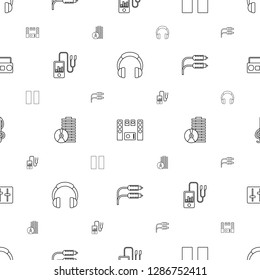 audio icons pattern seamless white background. Included editable line headphones, loud speaker set, pause, mp player, disc, earphone wire icons. audio icons for web and mobile.