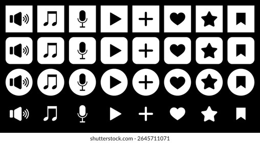 Ícones de áudio. Tocar, som, música, nota, microfone. Adicionar a favoritos, como, salvar na coleção. Conjunto de ícones brancos redondos e quadrados.