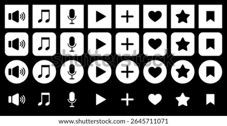 Audio icons. Play, sound, music, note, microphone. Add to favorites, like, save to collection. Set of white round and square icons.