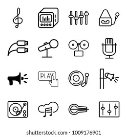 Audio icons. set of 16 editable outline audio icons such as megaphone, gramophone, microphone, treble clef, musical instrument, sliders, music cloud