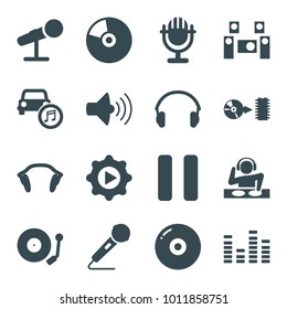 Audio icons. set of 16 editable filled audio icons such as disc, volume, equalizer, pause, microphone, car music, earphones, play in gear, gramophone, audio system, cd