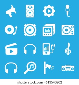 Audio icons set. set of 16 audio filled icons such as microphone, volume, mp3 player, speaker, gramophone, loudspeaker, record player, megaphone, earphones