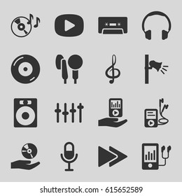 Audio icons set. set of 16 audio filled icons such as disc on fire, microphone, mp3 player, treble clef, cassette, fast forward, megaphone, mp3 player on hand, CD on hand